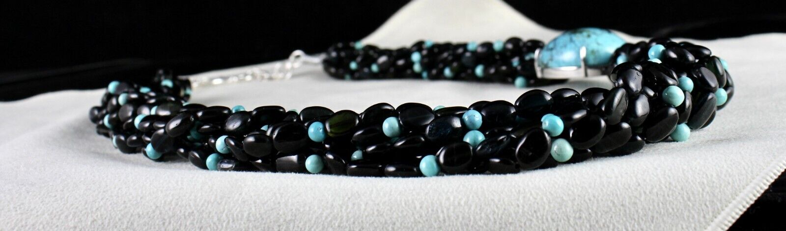 FINE NATURAL BLACK TOURMALINE TURQUOISE BEADED DESIGNER GEMSTONE SILVER NECKLACE