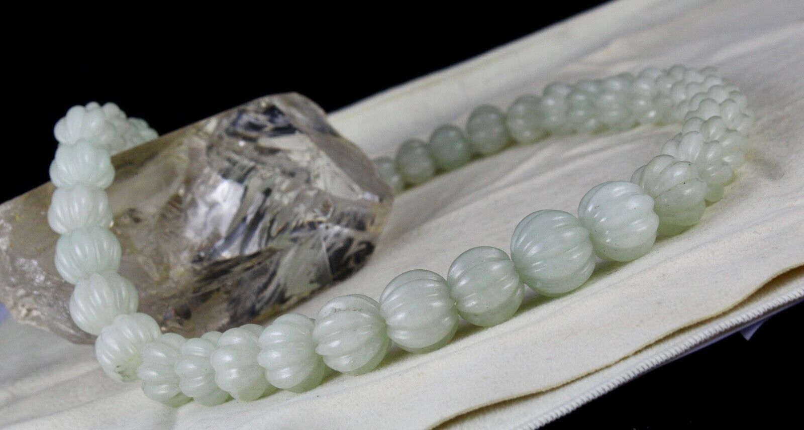 NATURAL INDIAN JADE MELON CARVED BEADS 1 L 828 CARATS GEMSTONE SILVER NECKLACE