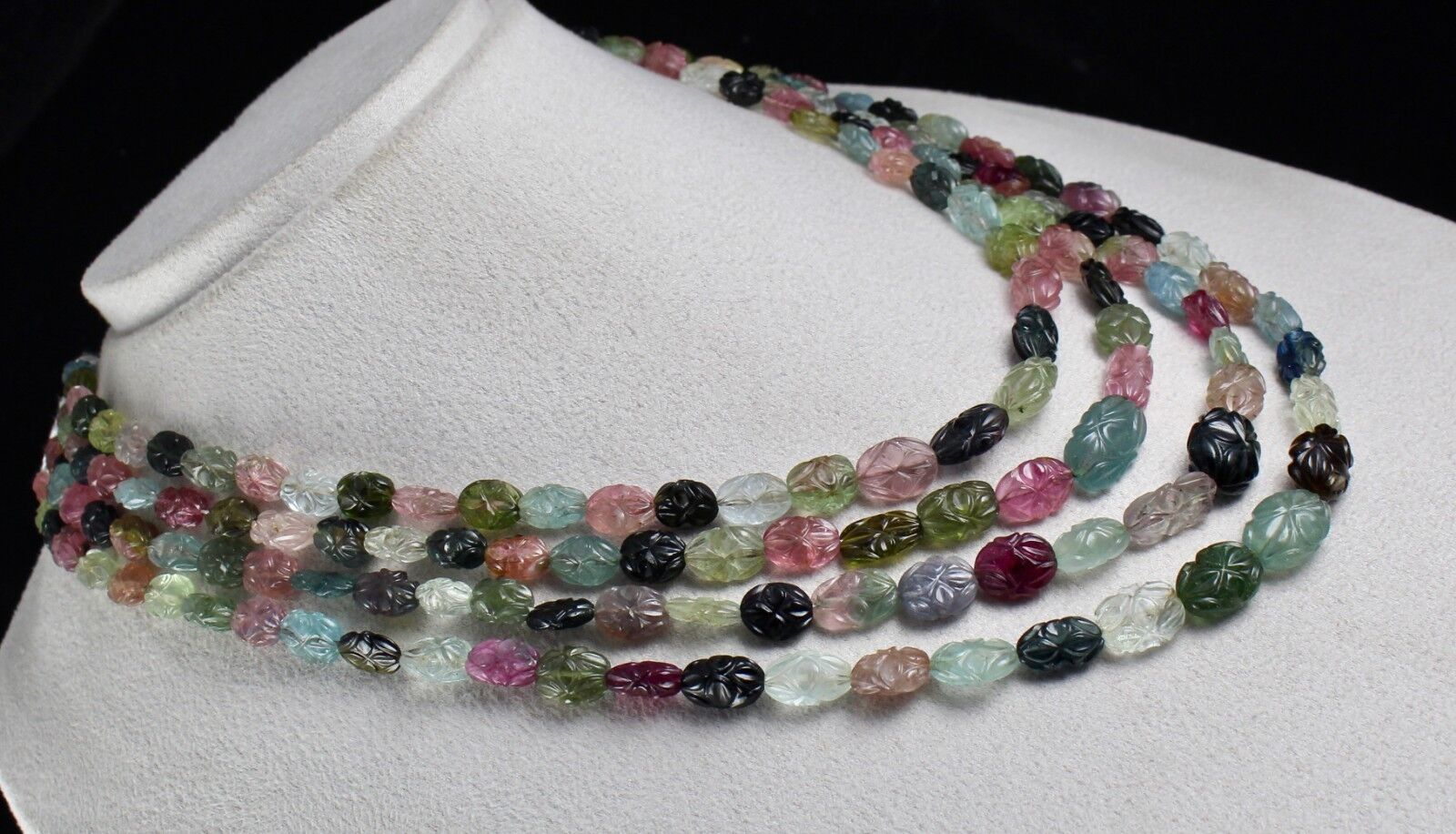 Natural Multi Tourmaline Aquamarine Beads Engraved 564 Ct Gemstone Old Necklace