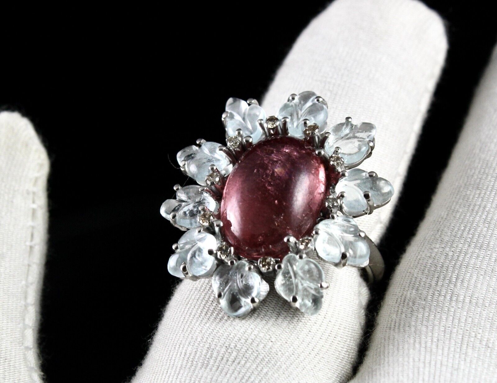 Antique Natural Pink Tourmaline Aquamarine Carved Gemstone Silver Victorian Ring