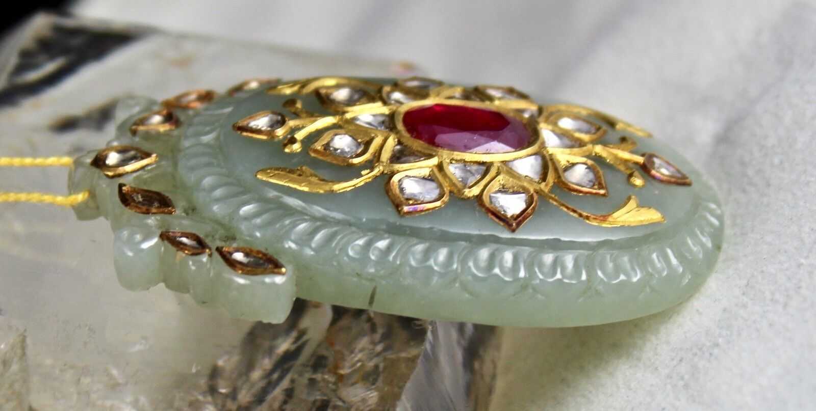 ANTIQUE GREEN JADE TAKTI PENDANT STUDDED WITH DIAMOND & RUBY IN 22K YELLOW GOLD