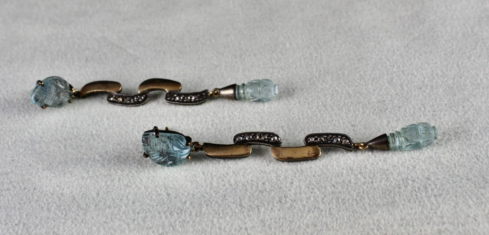 Natural Blue Aquamarine 10ct Carved Natural Diamond 18k Gold 925 Silver Earrings