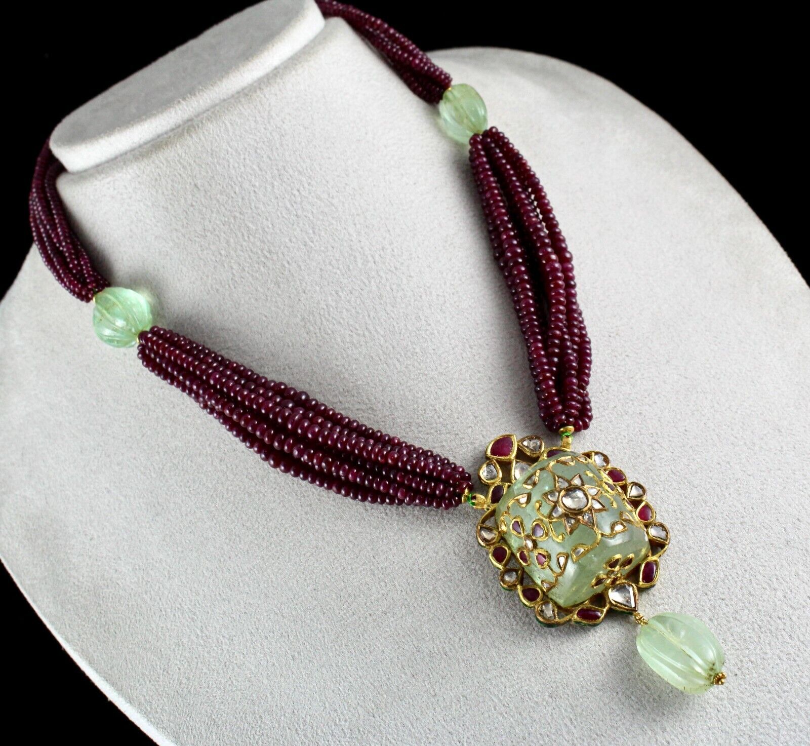 FINEST NATURAL EMERALD RUBY BEADS DIAMOND 18K GOLD JADAU IMPORTANT NECKLACE