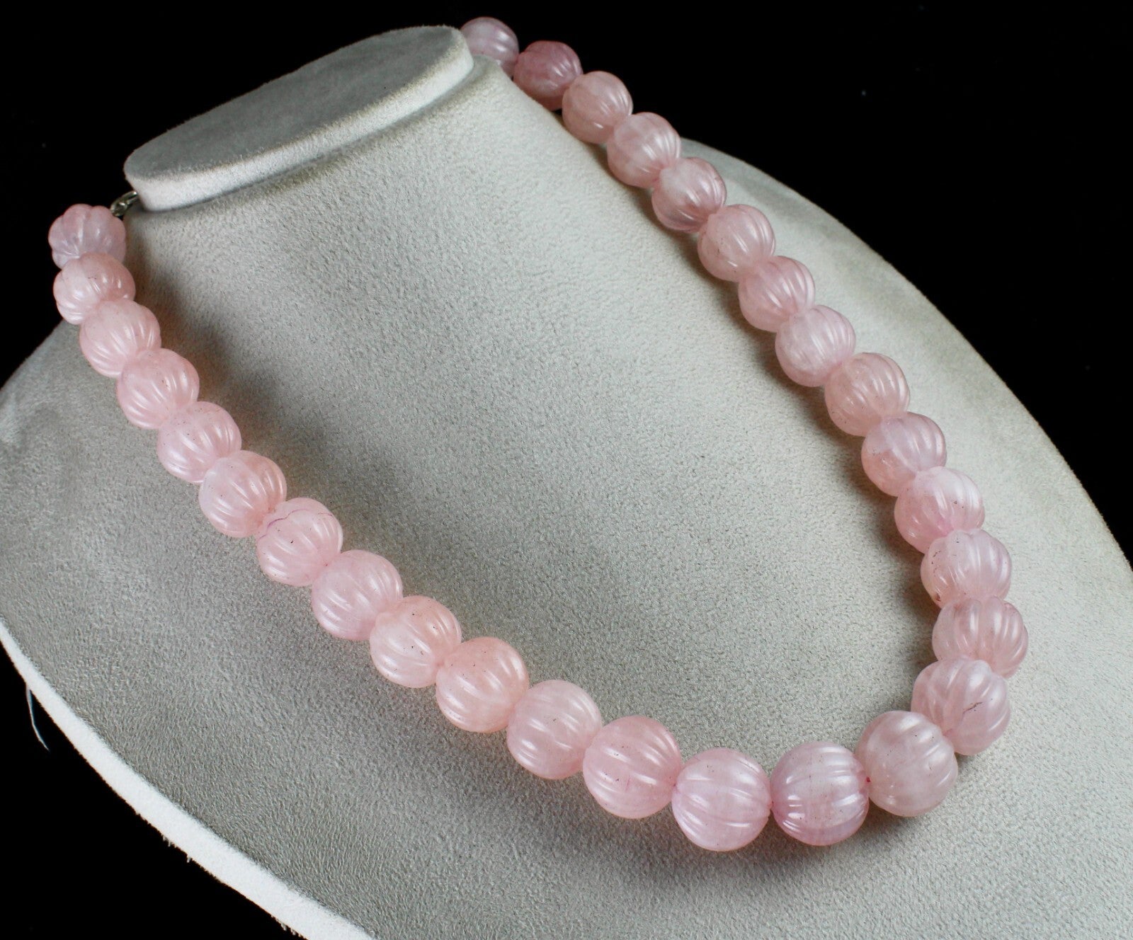 Natural Rose Quartz Melon Carved Beads Necklace 1185ct Gemstone Sterling Silver