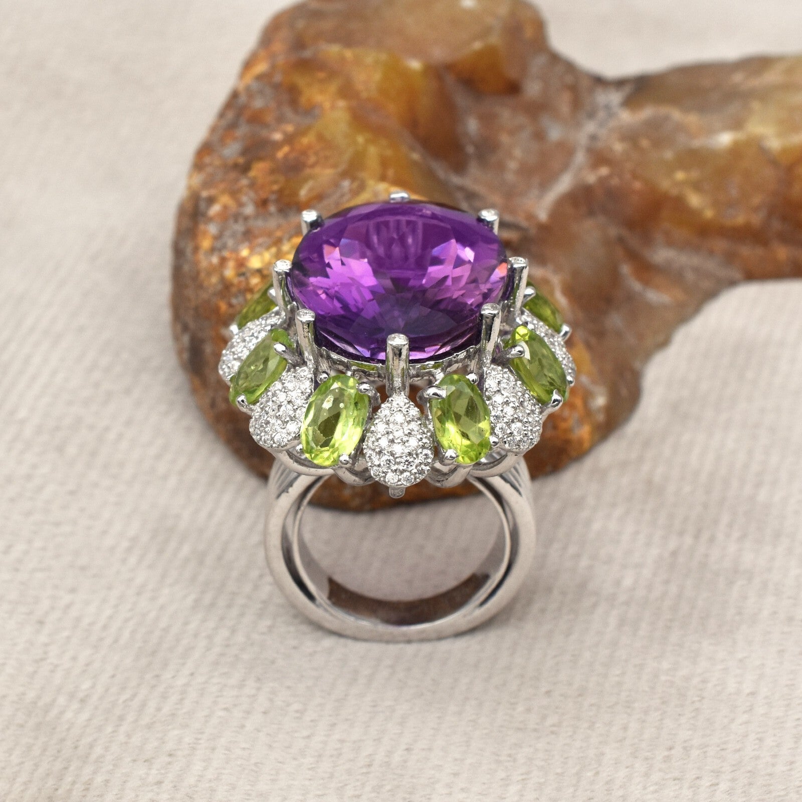 Natural Amethyst 115.30ct Green Peridot Moissanite Sterling Silver Ring