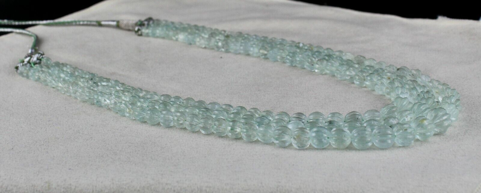 NATURAL BLUE AQUAMARINE CARVED MELON ROUND BEADS 3L 395 CTS GEMSTONE NECKLACE