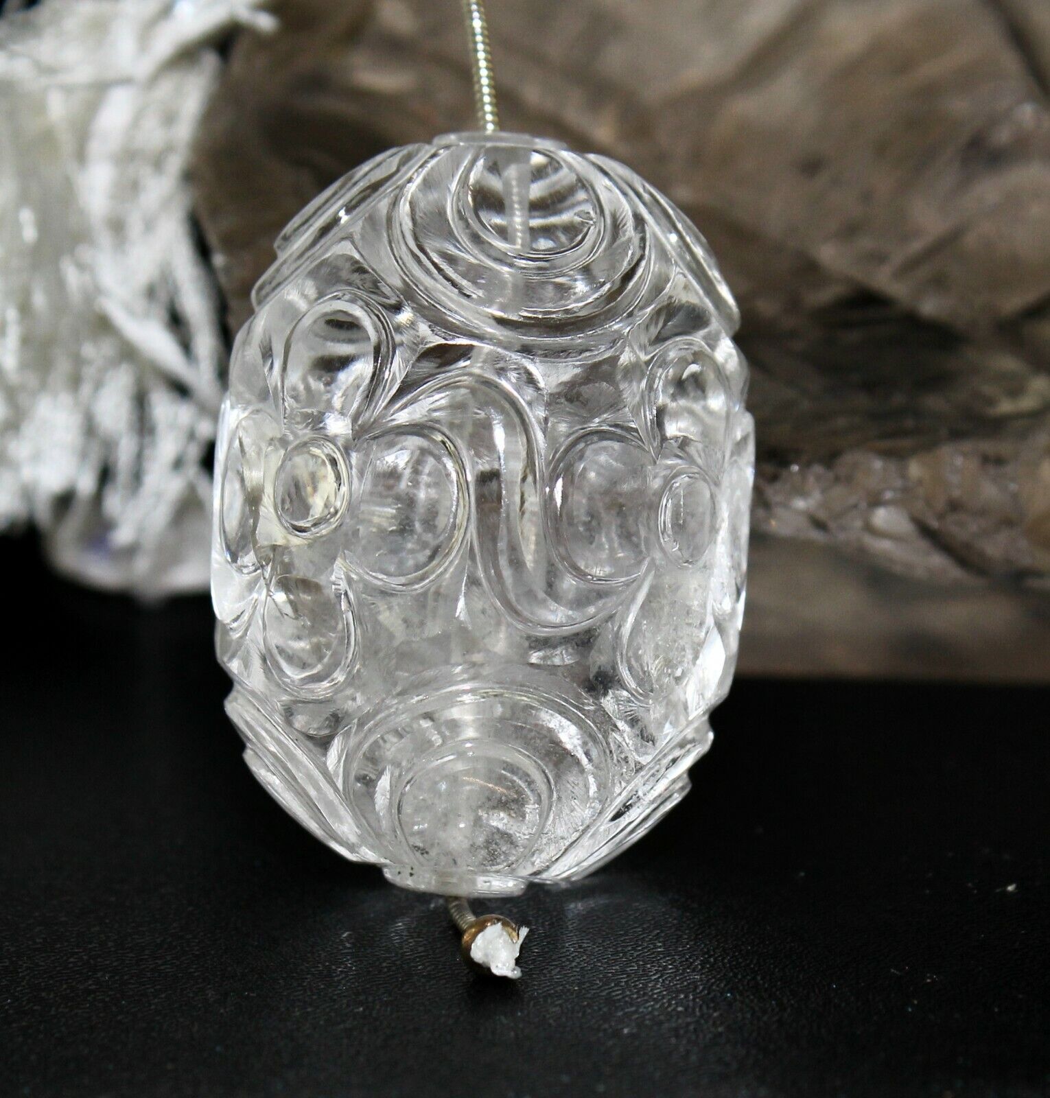 NATURAL WHITE ROCK CRYSTAL QUARTZ BEADS CARVED LONG 1 PCS 266 CARATS GEMSTONE 