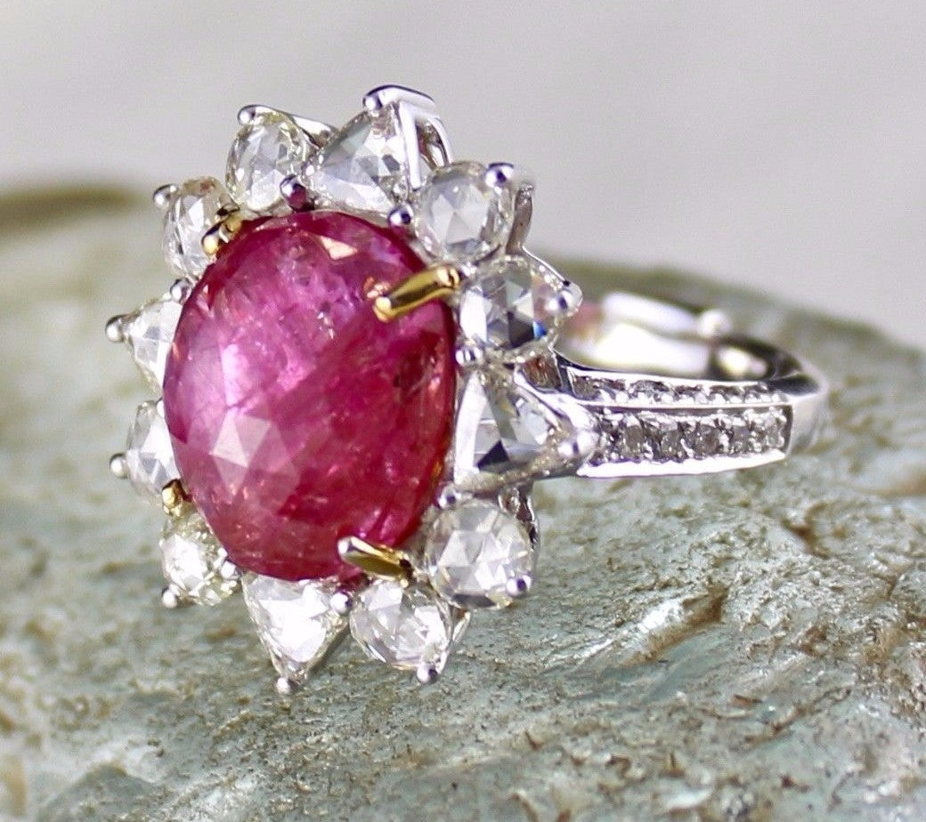 Certified Natural Burma Ruby Cabochon 10ct Diamond 18k White Gold Ring