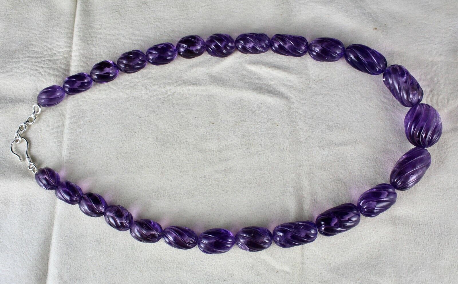 Natural Amethyst Beads Carved Oval Melon 737 Ct Gemstone Silver Vintage Necklace