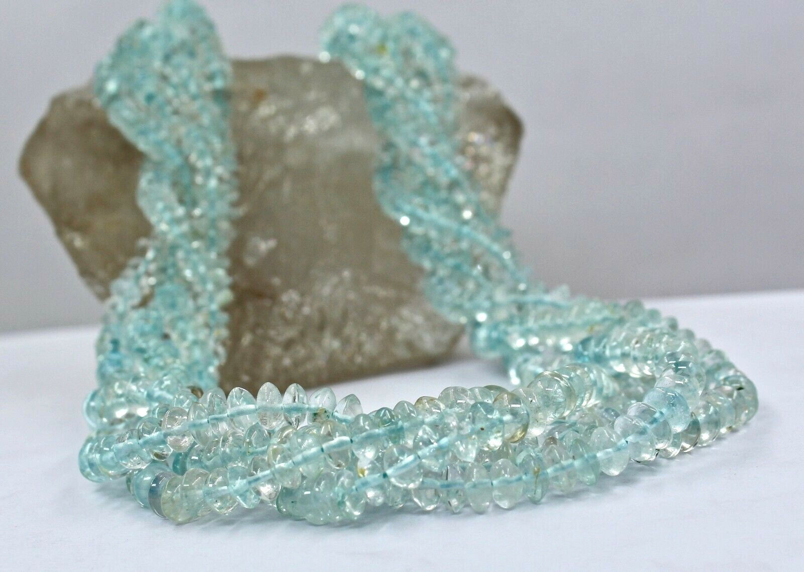 Sterling Silver Blue Topaz Beads Necklace 3 Line 568 Ct Gemstone For Women