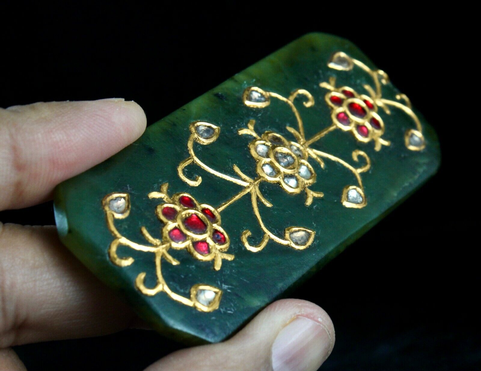 OLD NAURAL NEPHRITE JADE PENDANT STUDDED WITH DIAMOND & COLOR STONE IN 22K GOLD