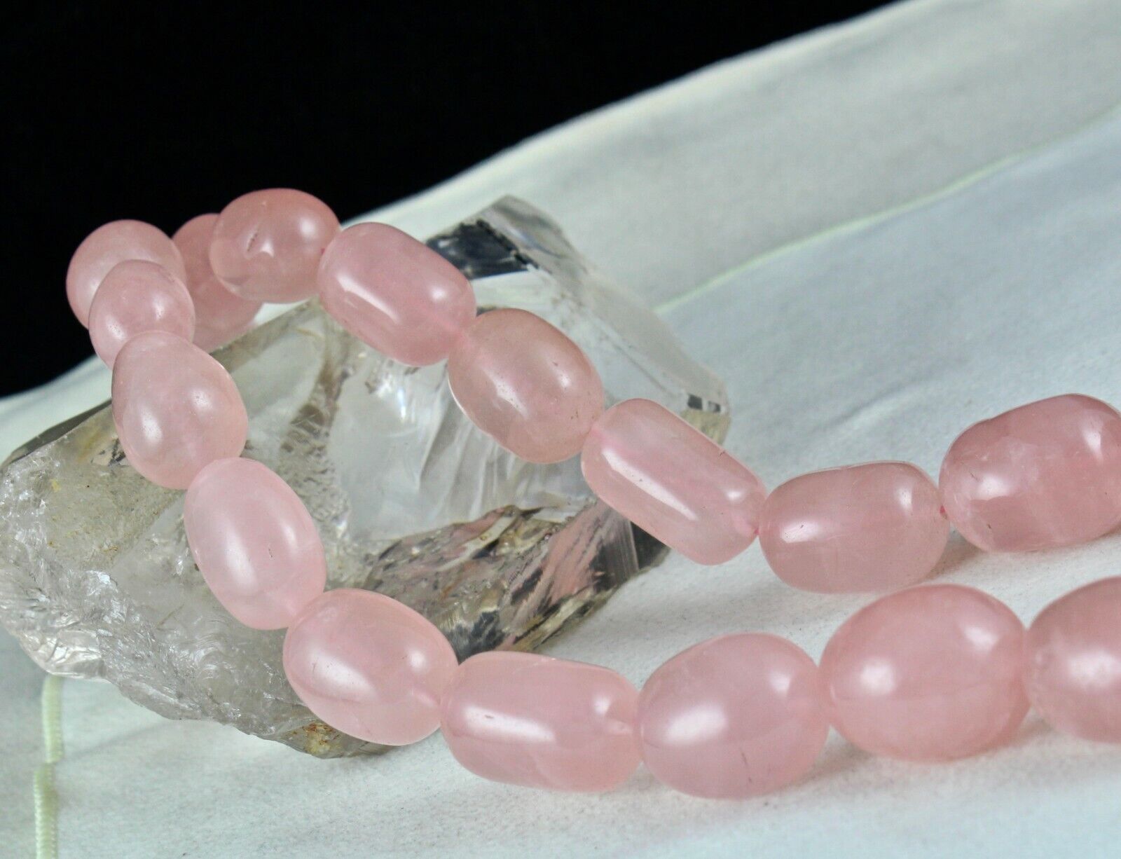 NATURAL ROSE QUARTZ BEADS LONG CABOCHON 1099 CARATS GEMSTONE SILVER NECKLACE