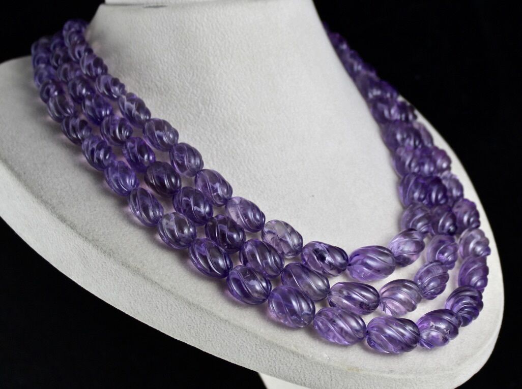 Natural Amethyst Beads Carved Oval 3 L 1373 Ct Purple Gemstone Silver Necklace