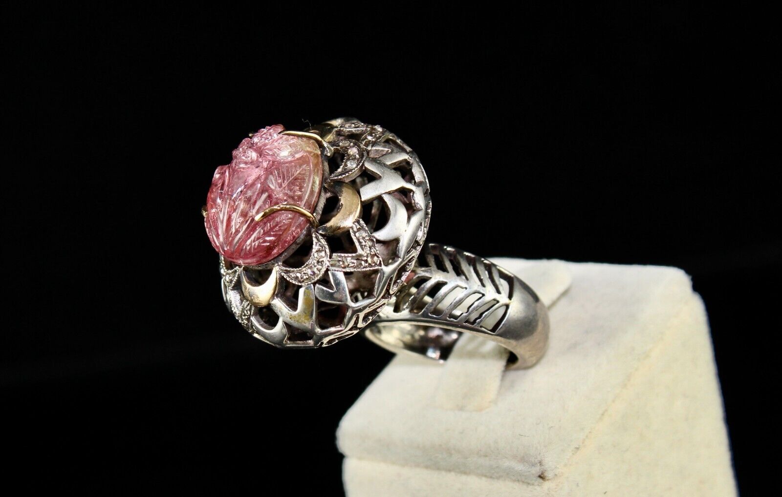 Antique Pink Tourmaline Carved Diamond 18k Gold Silver Cocktail Victorian Ring