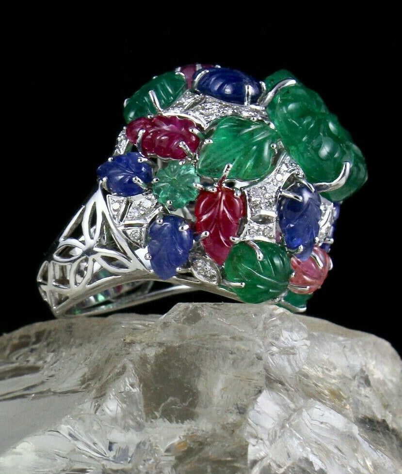 Certified Emerald Spinel Ruby 10ct Natural Diamond 18k Gold Tutti Frutti Ring