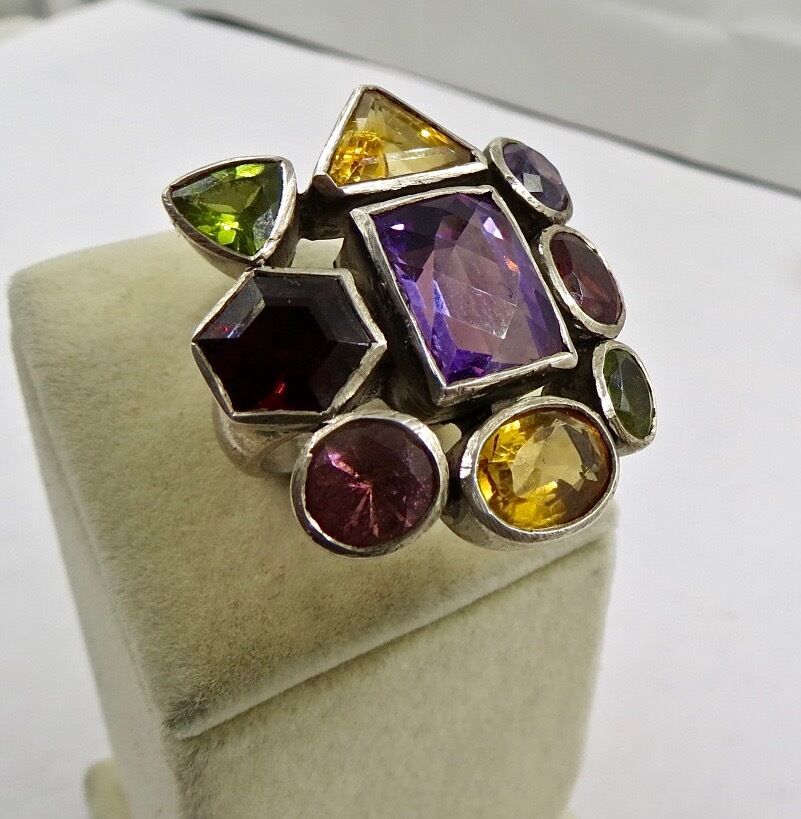 Multi Colour Amethyst Citrine Garnet Peridot Iolite Fancy Silver Cocktail Ring