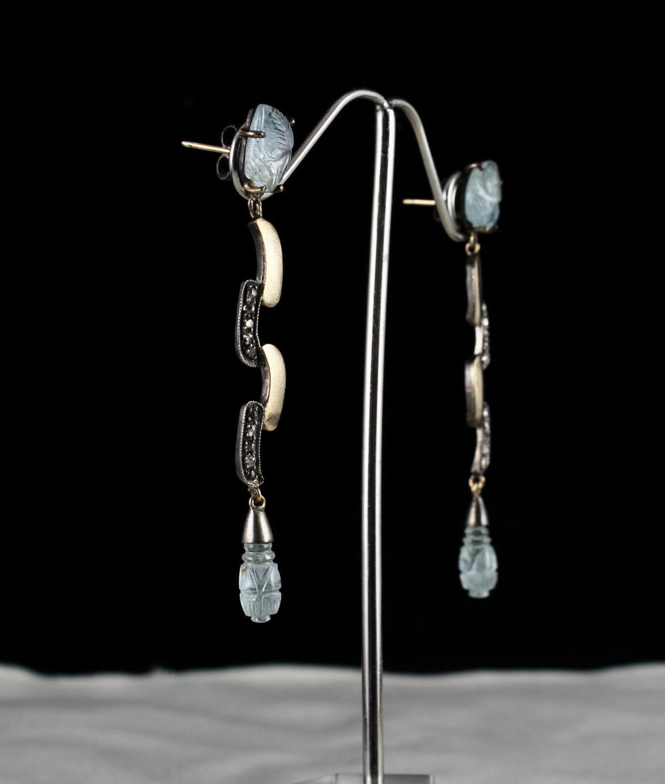 Natural Blue Aquamarine 10ct Carved Natural Diamond 18k Gold 925 Silver Earrings