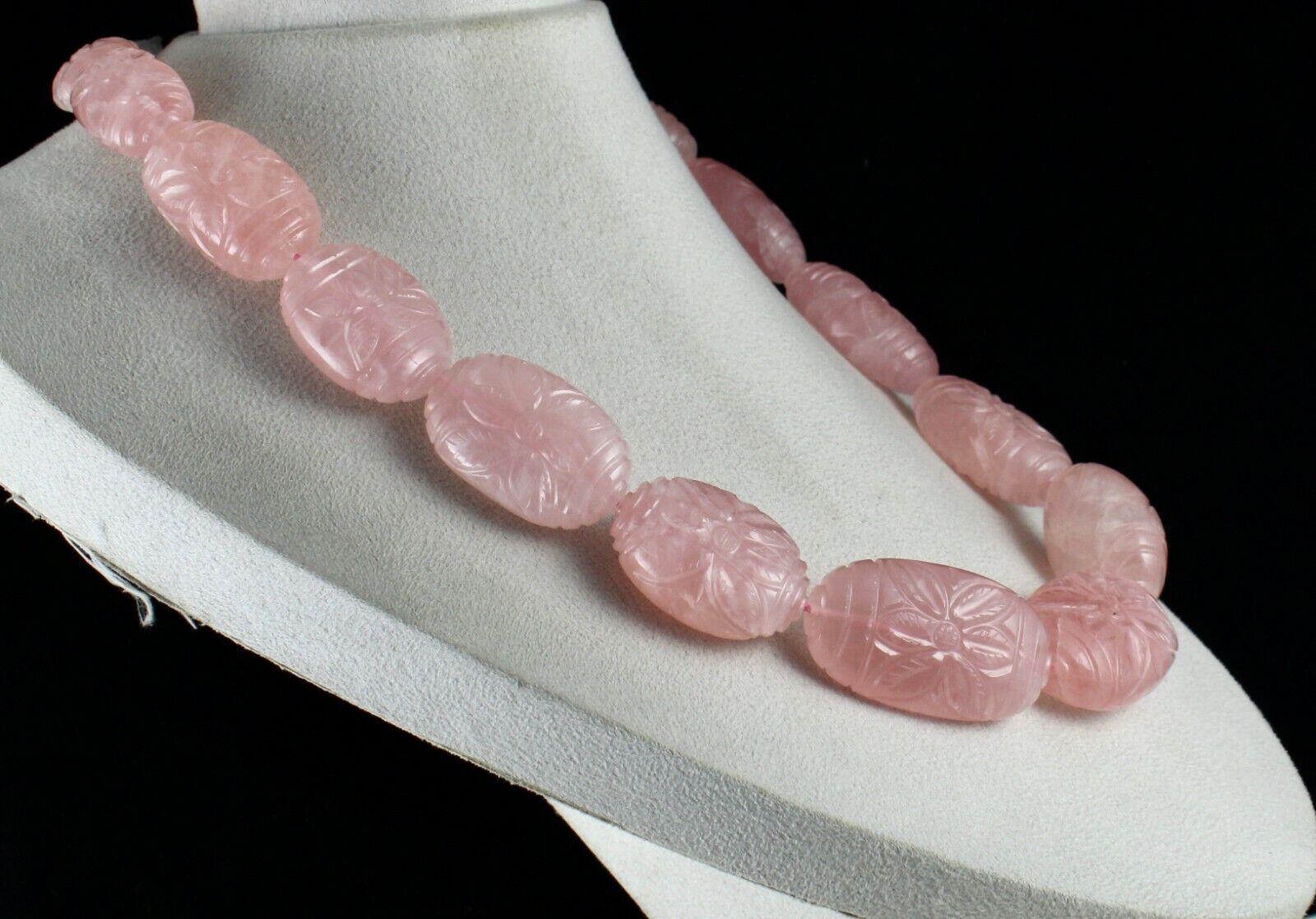 RARE BIG NATURAL ROSE QUARTZ CARVED BEADS 2027 CARATS GEMSTONE SILVER NECKLACE