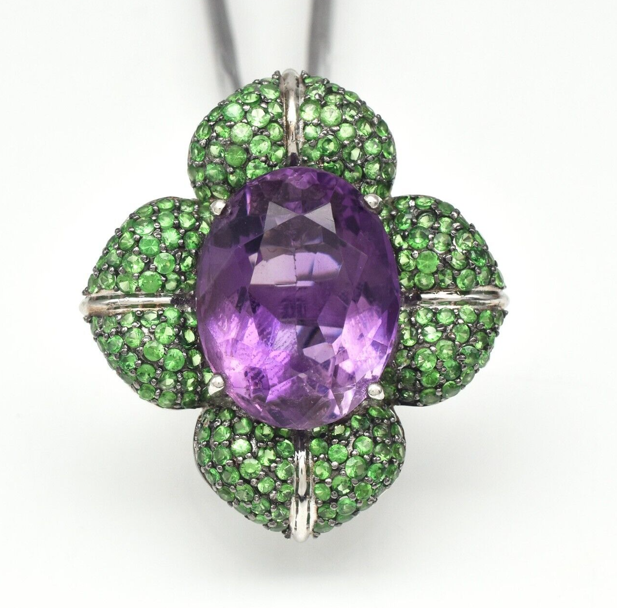 Certified Natural Amethyst Oval & Green Tsavorite 115.30ct Sterling Silver Ring