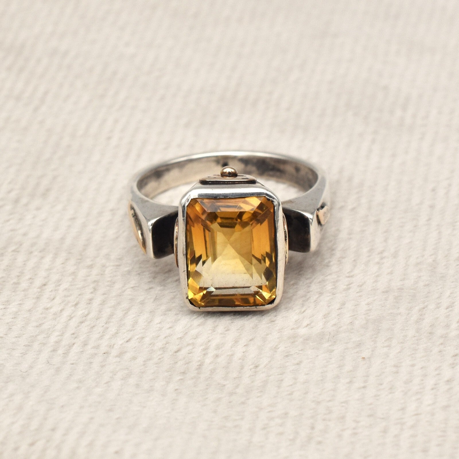 Natural Yellow Citrine 10ct Sterling Silver 18k Gold Vintage Victorian Ring