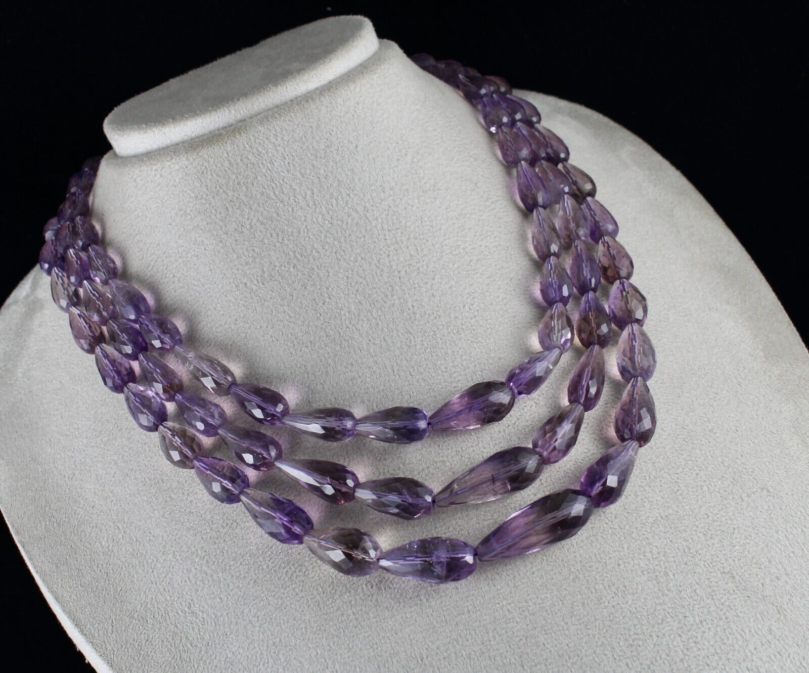 NATURAL PURPLE AMETHYST BEADS TEAR DROPS 3 L 727 CARATS GEMSTONE FINEST NECKLACE