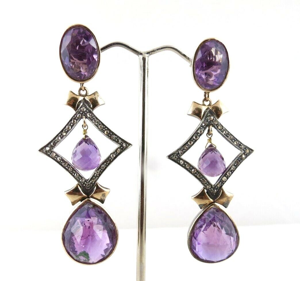 Estate Natural Amethyst Diamond 18 K Gold & 925 Silver Victorian Dangle Earring