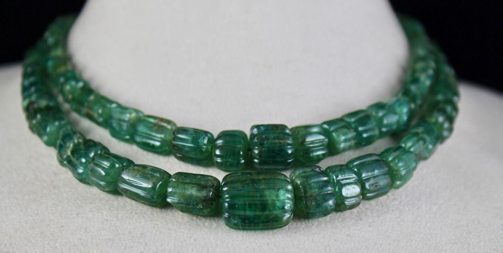 ANTIQUE 17MM NATURAL EMERALD BEADS CARVED 2 LINE 465 CARATS GEMSTONE NECKLACE 