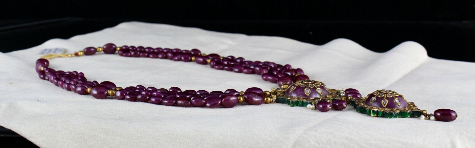 ANTIQUE NATURAL UNHEATED RUBY CABOCHON & BEADS DIAMOND 18K GOLD JADAU NECKLACE