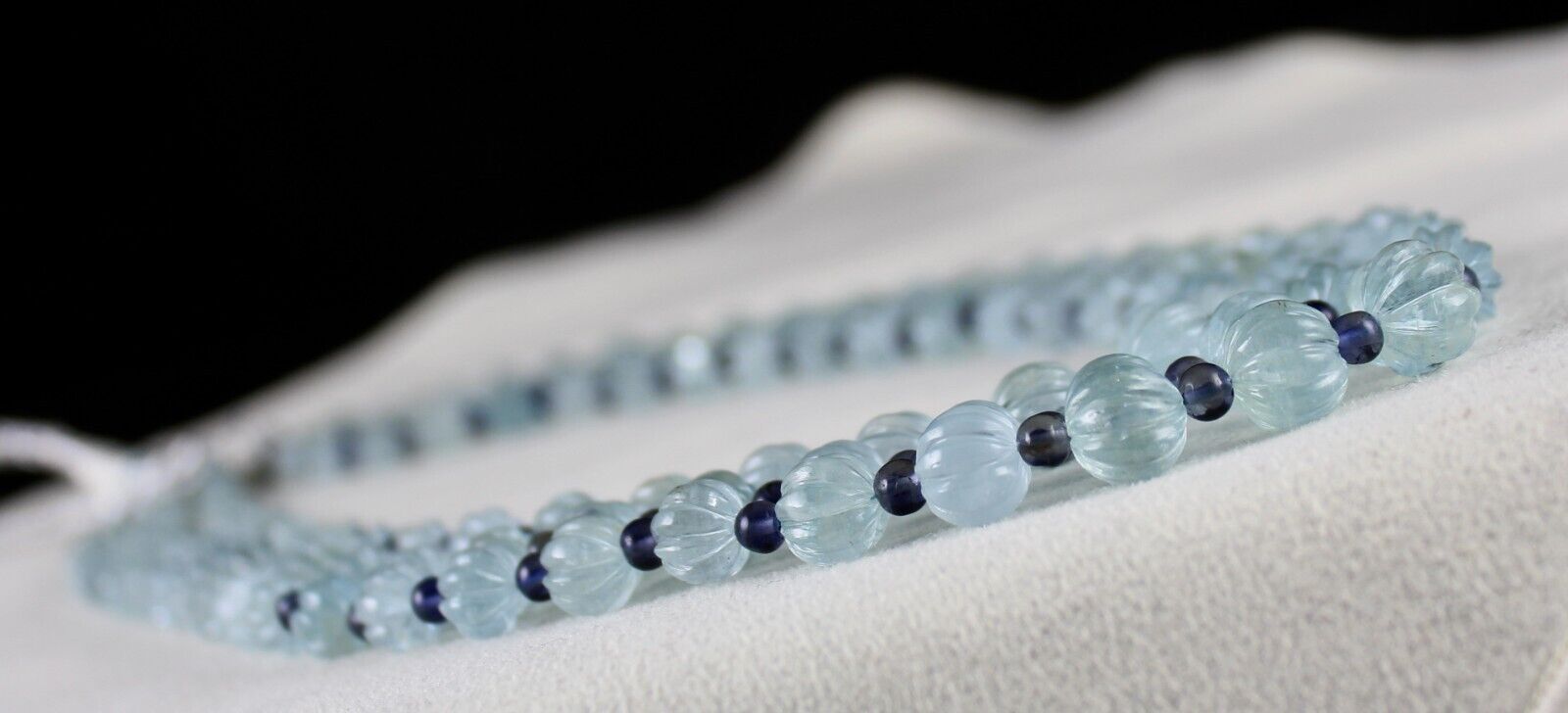 NATURAL AQUAMARINE CARVED MELON IOLITE ROUND BEADS 3L 347 CTS STONE NECKLACE