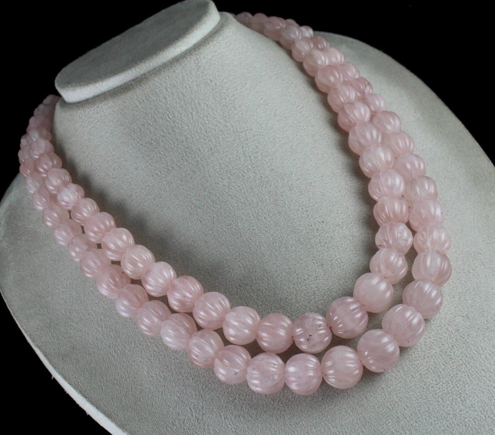 Certified Natural Rose Quartz 1436ct Carved Beads Sterling Silver Necklace