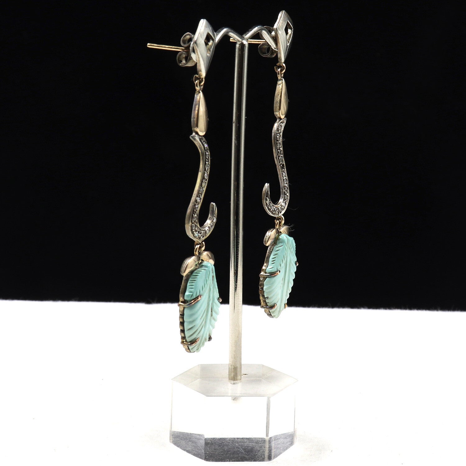 18k Gold 925 Sterling Silver Turquoise Leaves Natural Diamond Earrings 45ct