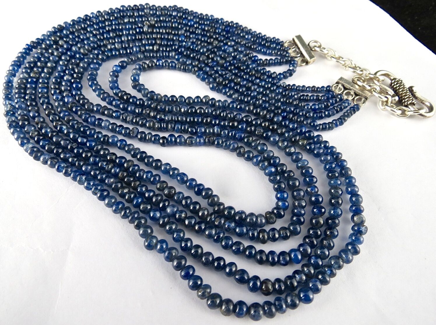 NATURAL BLUE SAPPHIRE BEADS ROUND 5 LINE 289 CARATS GEMSTONE SILVER NECKLACE