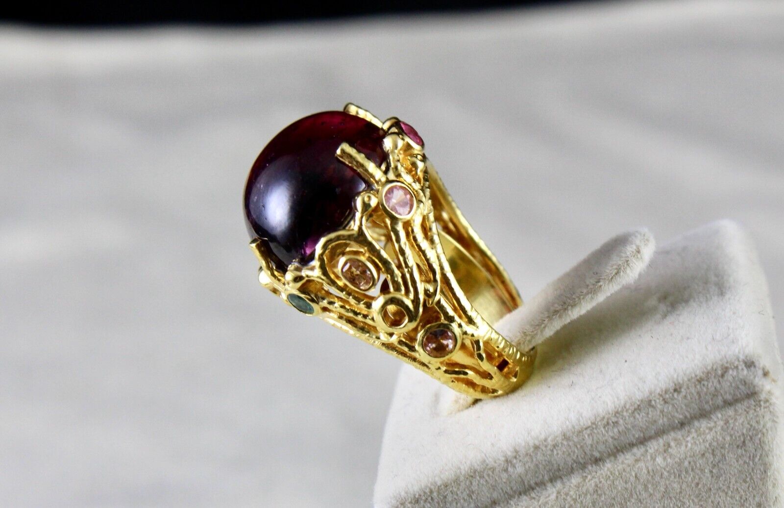 UNIQUE NATURAL PINK TOURMALINE CABOCHON CUT CARVED SILVER GOLD PLATED RING