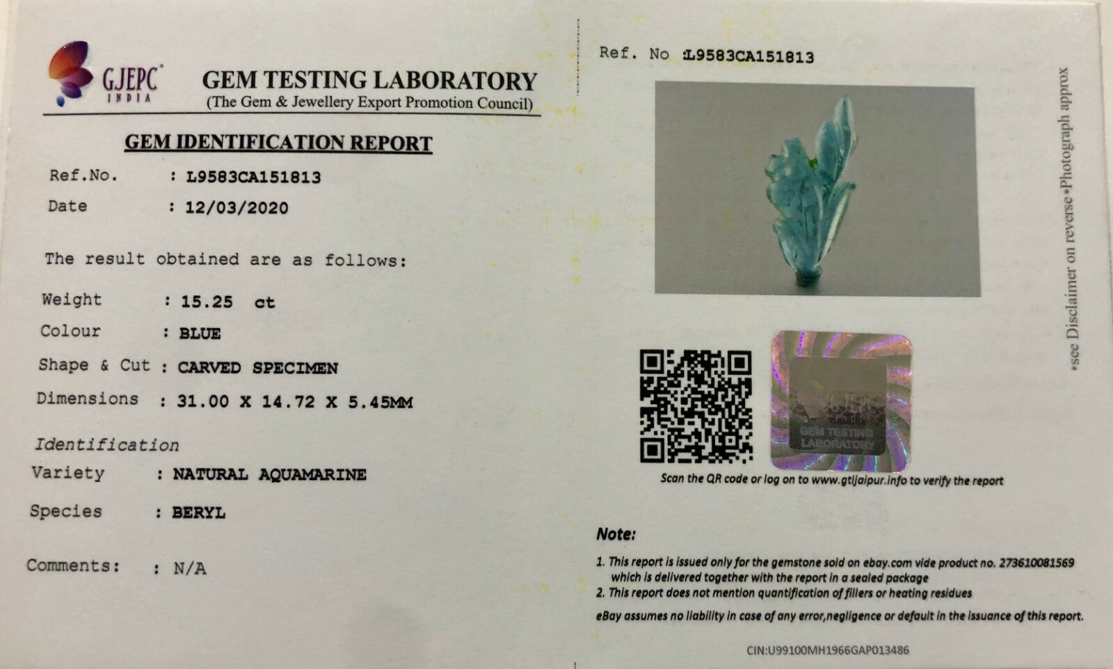 Certified Gtl Natural Blue Aquamarine 15.25 Ct Carved Leaf Gemstone Design