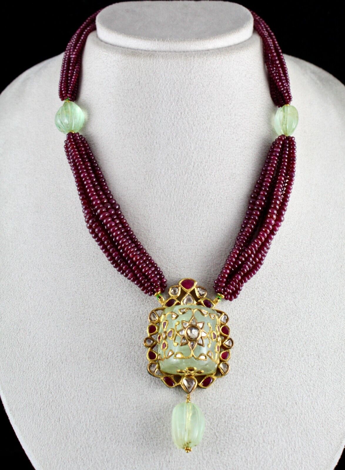 FINEST NATURAL EMERALD RUBY BEADS DIAMOND 18K GOLD JADAU IMPORTANT NECKLACE