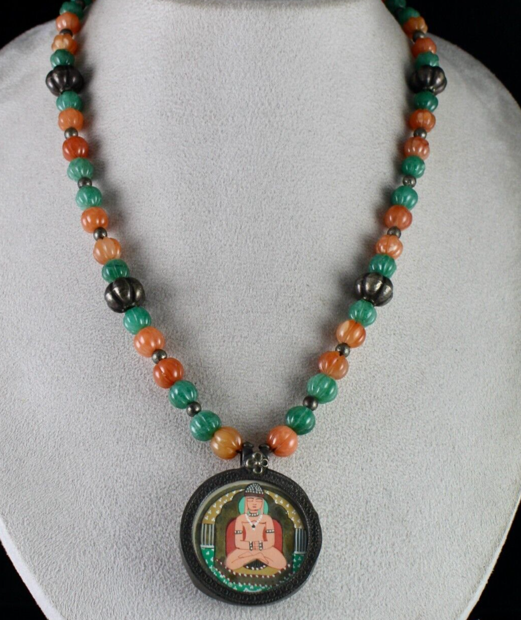 OLD BUDHA PAINTING SILVER PENDANT GREEN ORANGE QUARTZ CARVED STONE BEAD NECKLACE