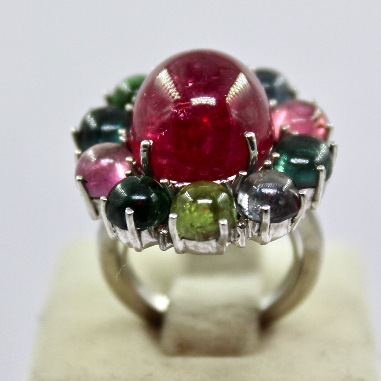 MULTI WATERMELON TOURMALINE CABOCHON DIAMOND 925 SILVER LADIES COCKTAIL RING