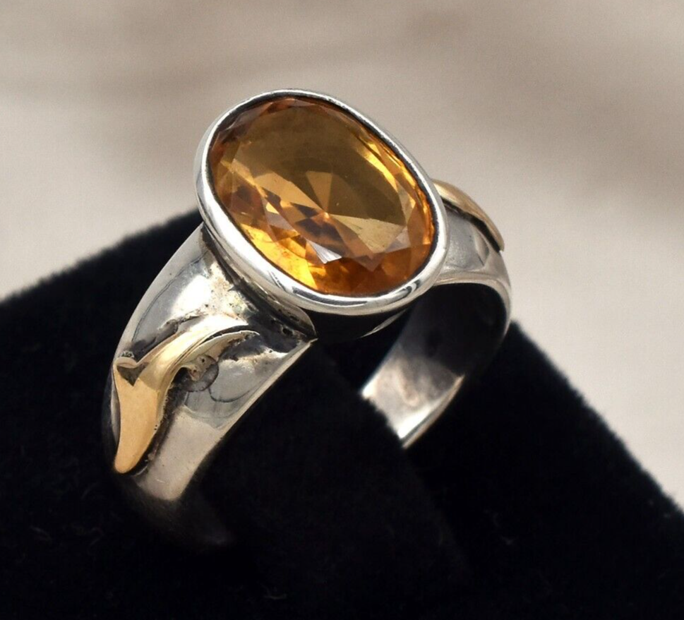 Vintage Unisex 61ct Yellow Citrine 18k Gold 925 Silver Victorian Ring