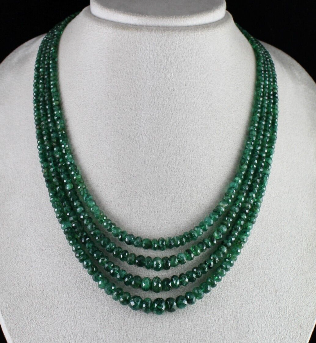 NATURAL ZAMBIAN EMERALD BEADS ROUND FACETED 4L 389 CT PRECIOUS GEMSTONE NECKLACE