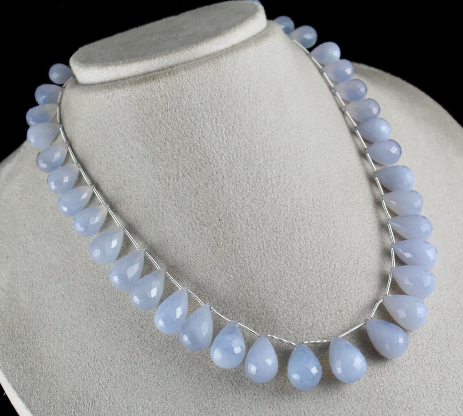 NATURAL BLUE CHALCEDONY BEADS TEARDROPS 1 LINE 438 CARATS GEMSTONE FINE NECKLACE