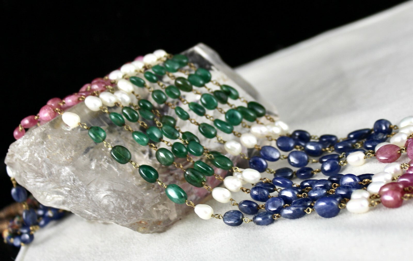 Certified 505 Ct Natural Ruby Blue Sapphire Emerald Pearl 18k Gold Necklace