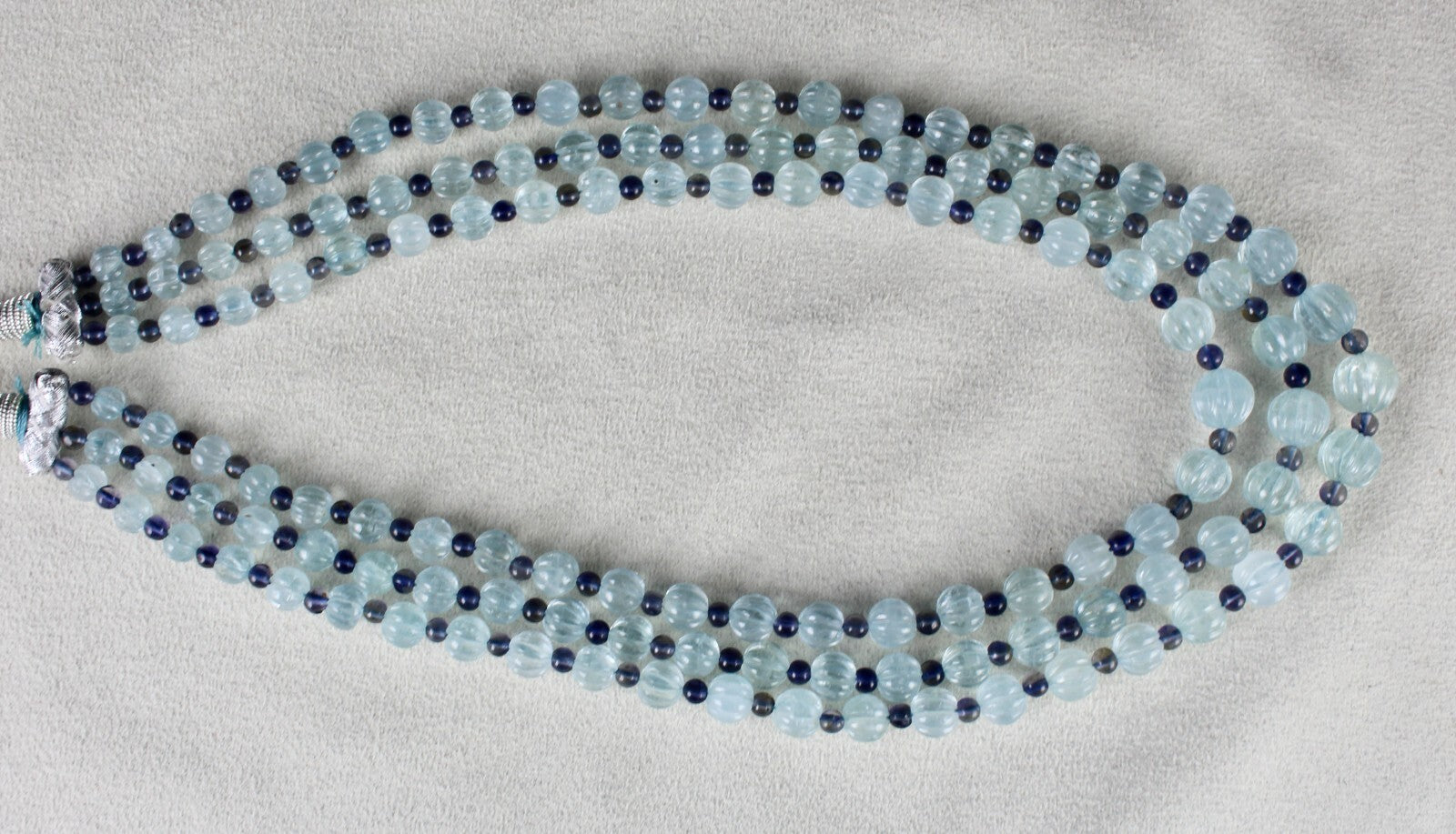 Certified Natural Aquamarine 347 Ct Iolite Carved Melon Gemstone Necklace