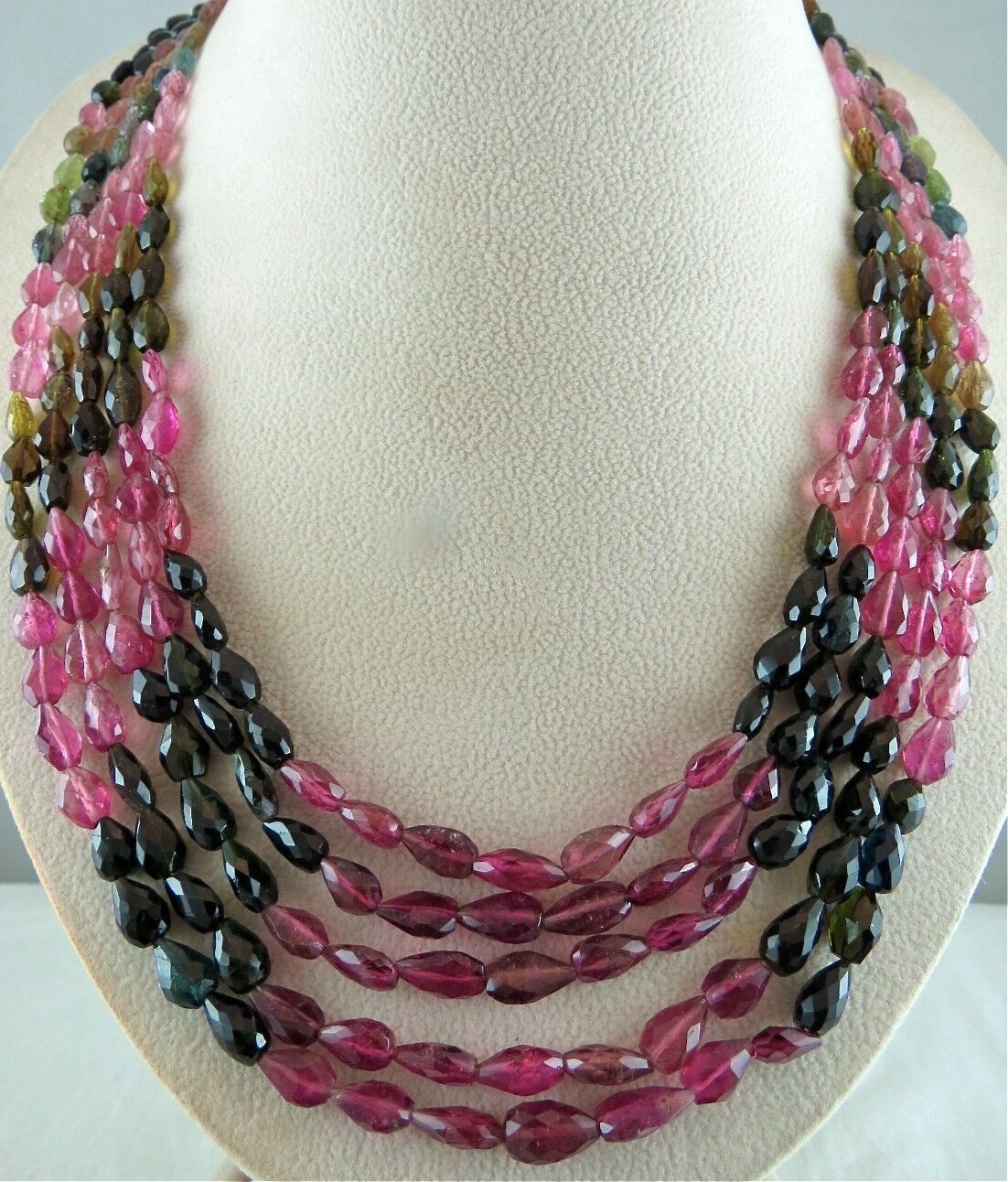 NATURAL MULTI TOURMALINE BEADS FACETED TEARDROPS 5 LINE 560CTS GEMSTONE NECKLACE