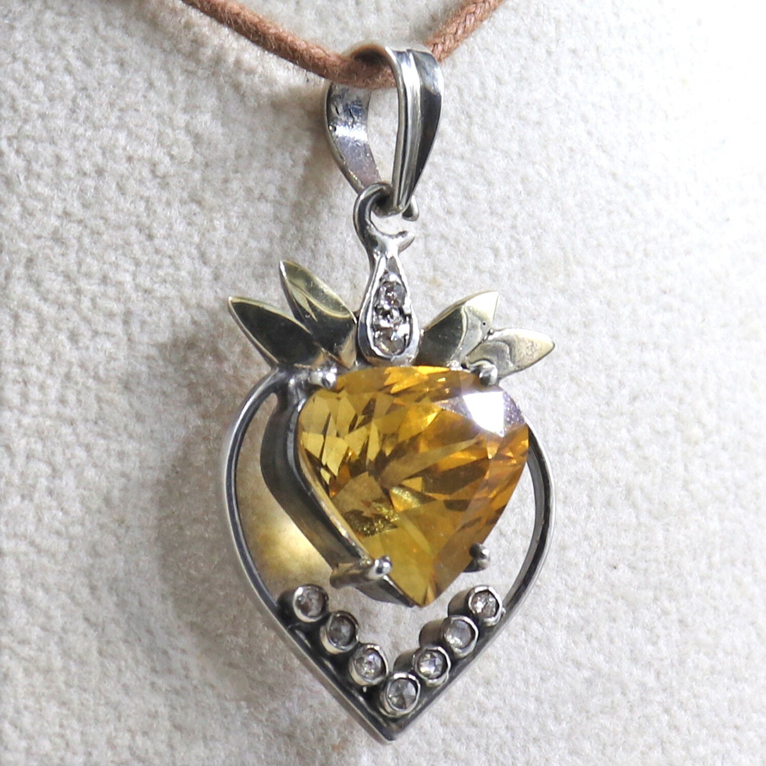 Natural Citrine Heart Cut Diamond 18K Gold 925 Silver Victorian Gemstone Pendant