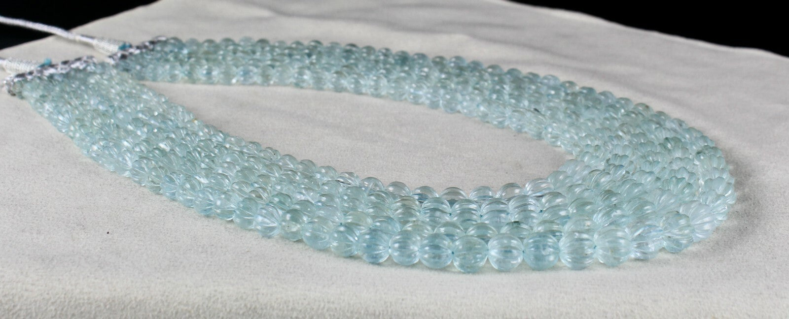 Certified Natural Aquamarine Carved Beads Necklace 900 Ct Blue Gemstone Melon
