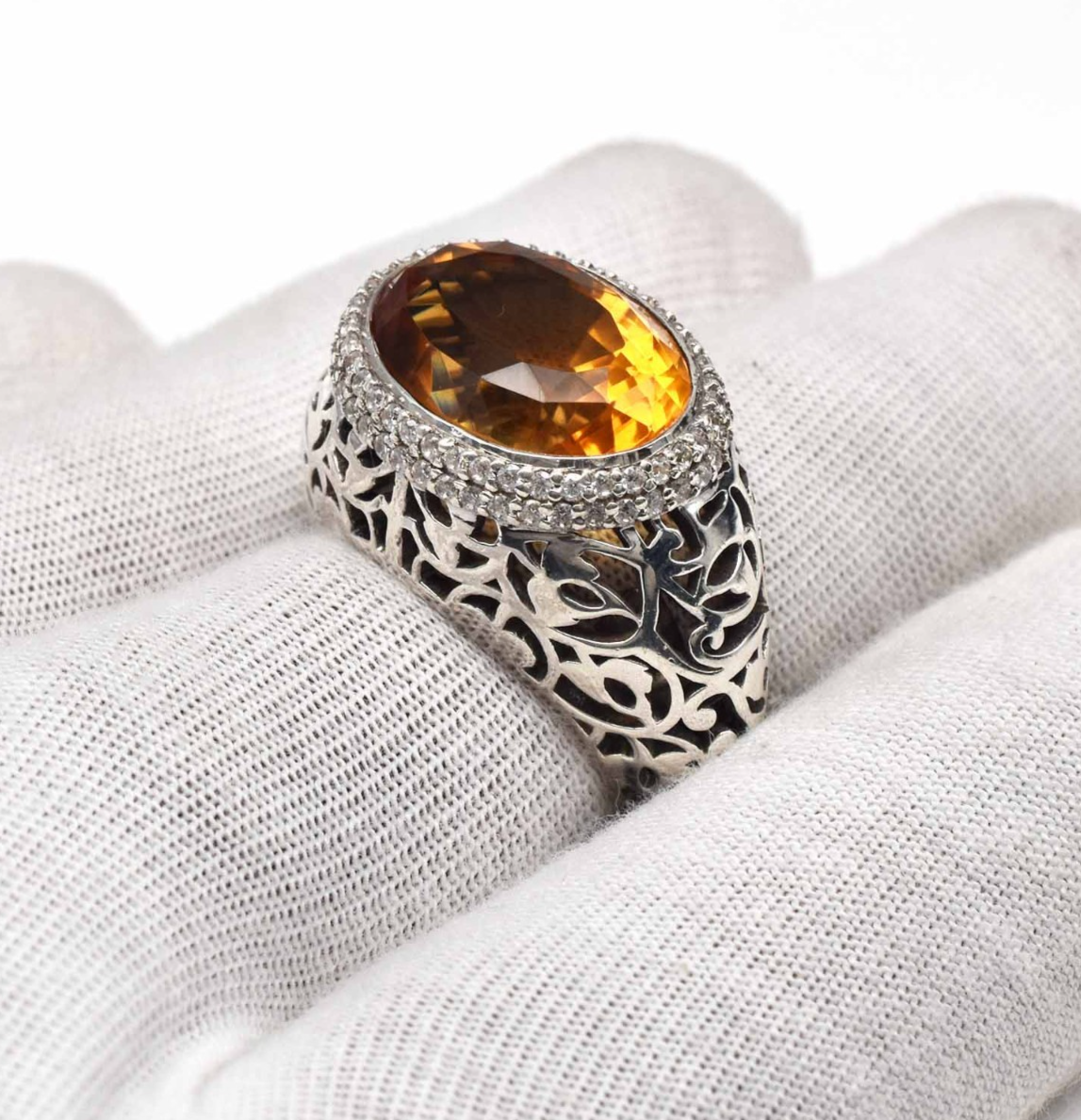 Natural Yellow Citrine Oval Cubic Zirconia Top Gemstone Silver Cocktail Ring