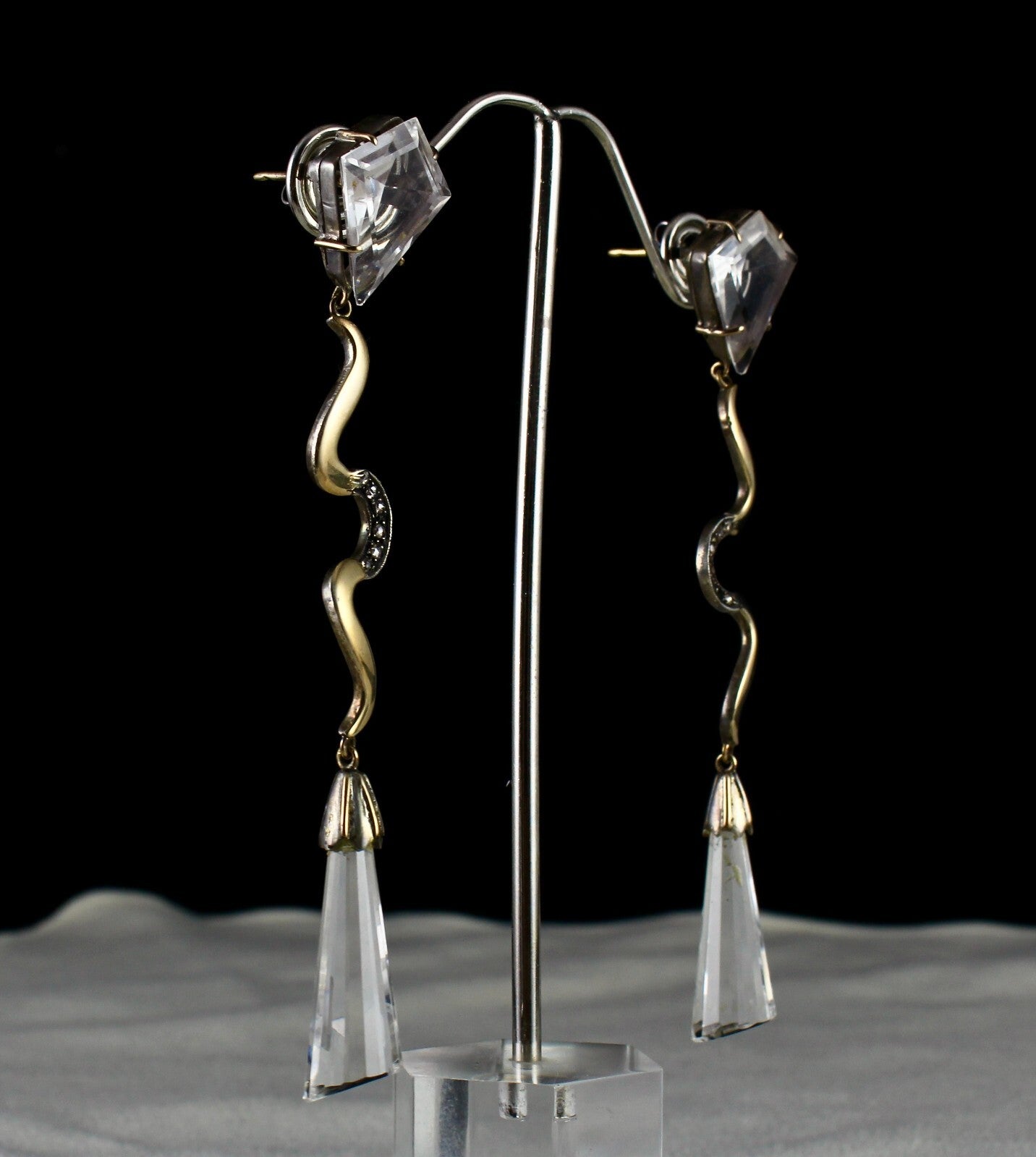 Natural Rock Crystal Quartz 75.7ct Natural Diamond 18k Gold 925 Silver Earrings