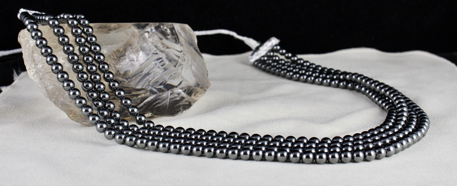Hematite Beads Necklace 902 Ct, 4 Line 6mm Round Black Gemstone Fashion