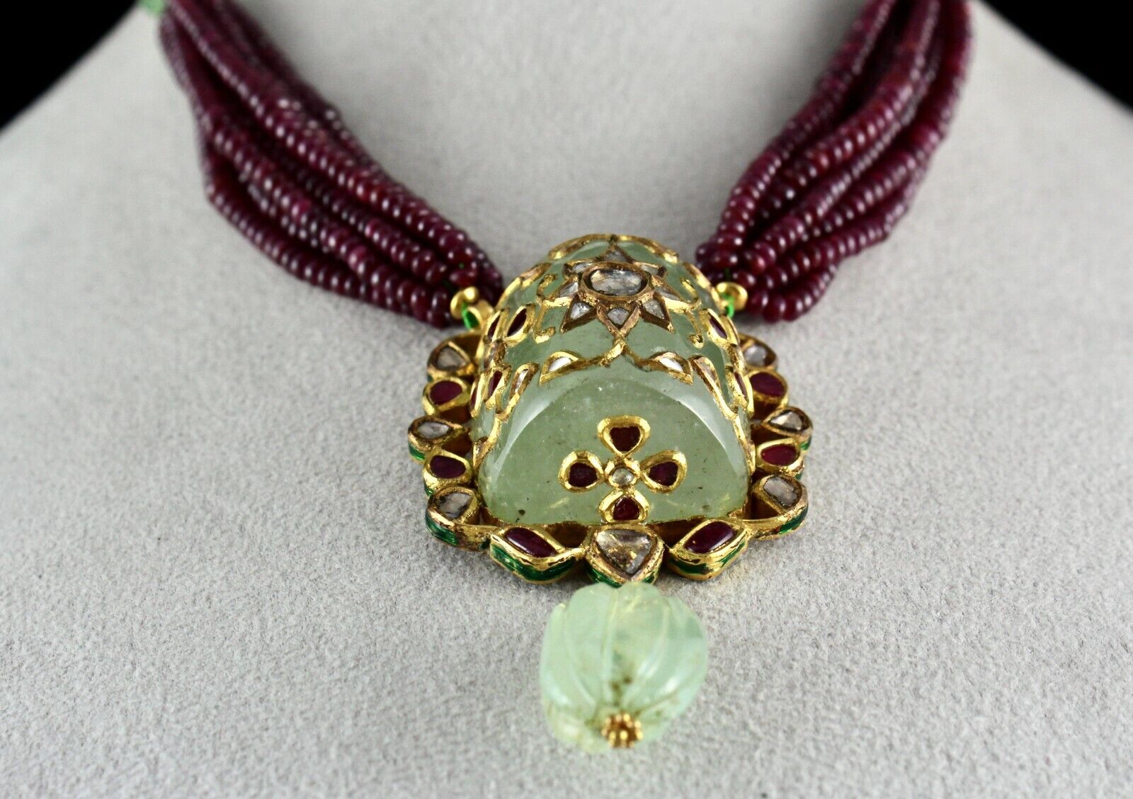 FINEST NATURAL EMERALD RUBY BEADS DIAMOND 18K GOLD JADAU IMPORTANT NECKLACE