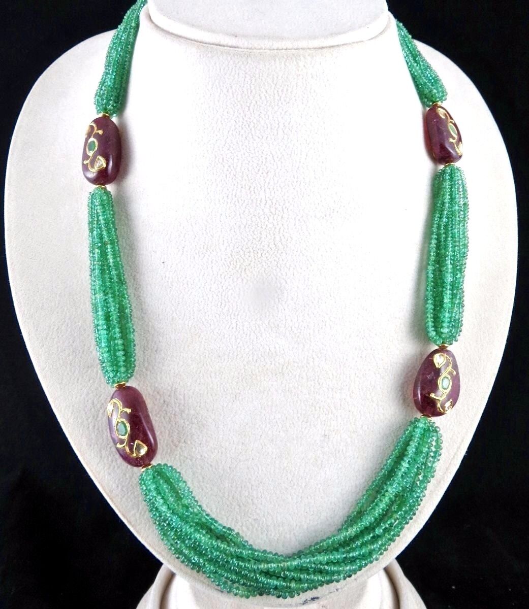 NATURAL EMERALD PINK TOURMALINE BEADS DIAMOND 18K GOLD JADAU LADIES NECKLACE